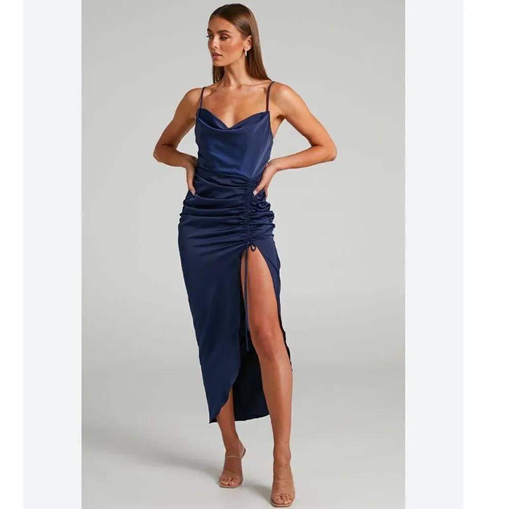 blue showpo dress Showpo Lieselotte Midi Dress Ruched Front Split Cowl Neck Satin NEW Navy  Blue 14